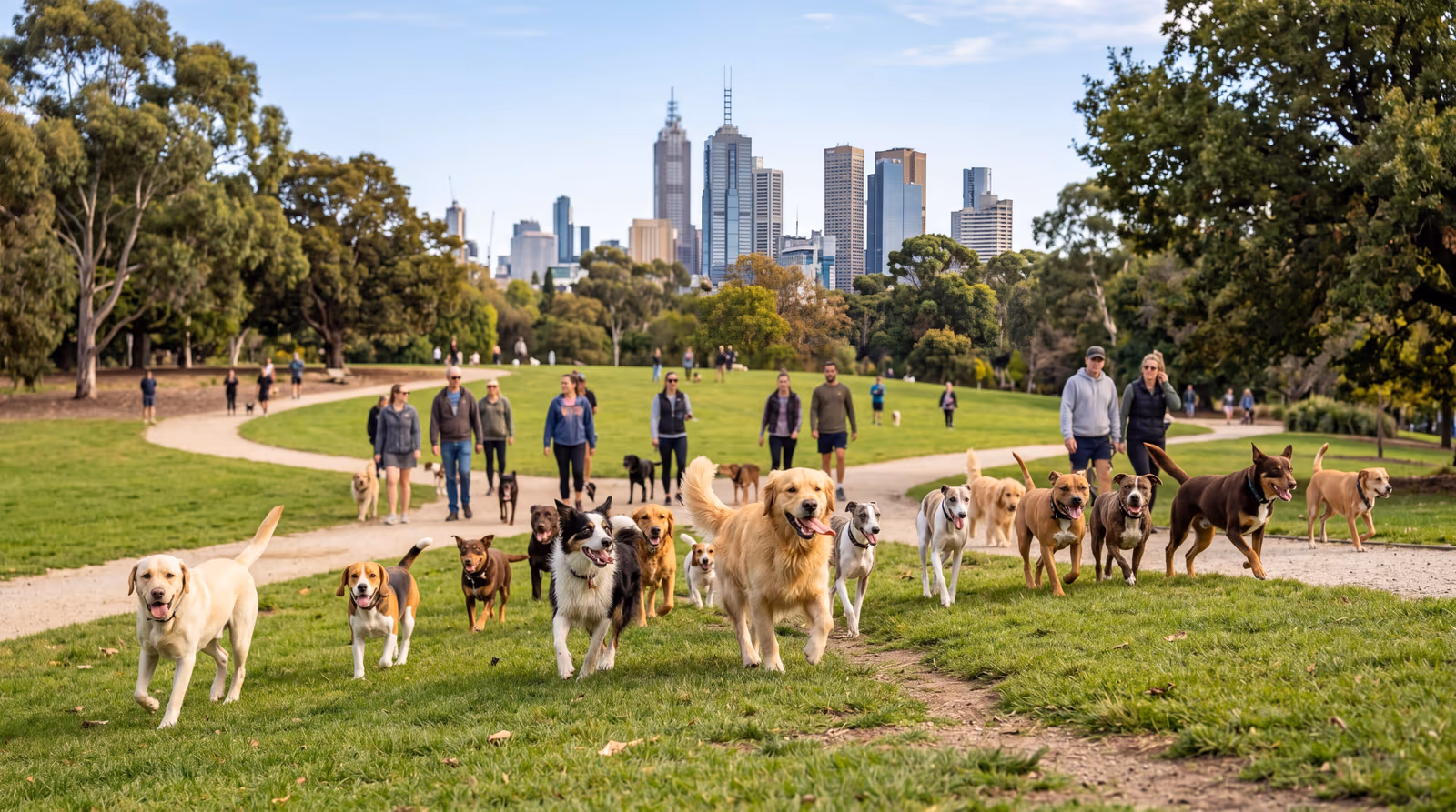 Dogs playing off leash at a Los Angeles dog park with hills behind