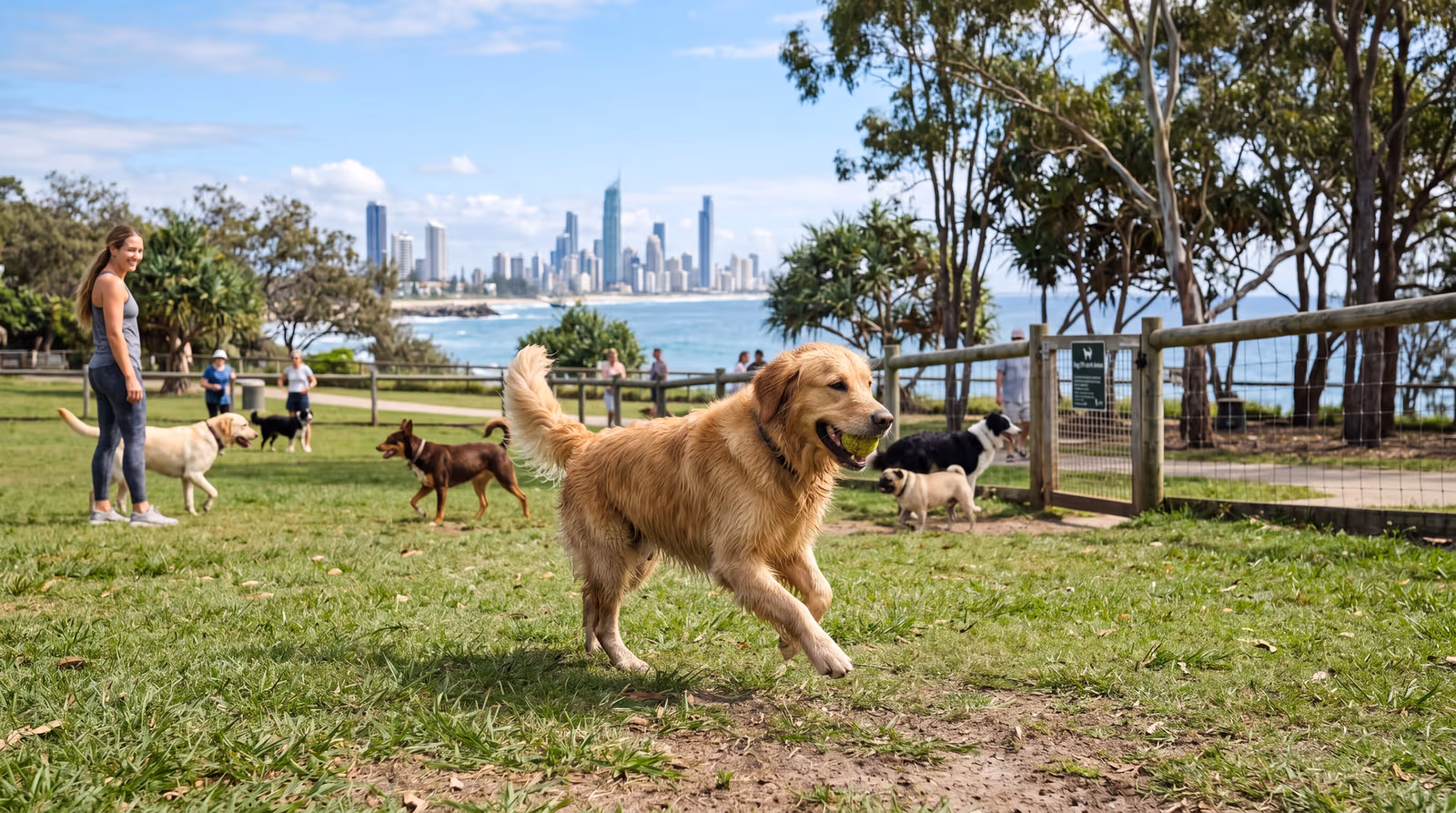 Dogs playing at a waterfront dog park in Miami