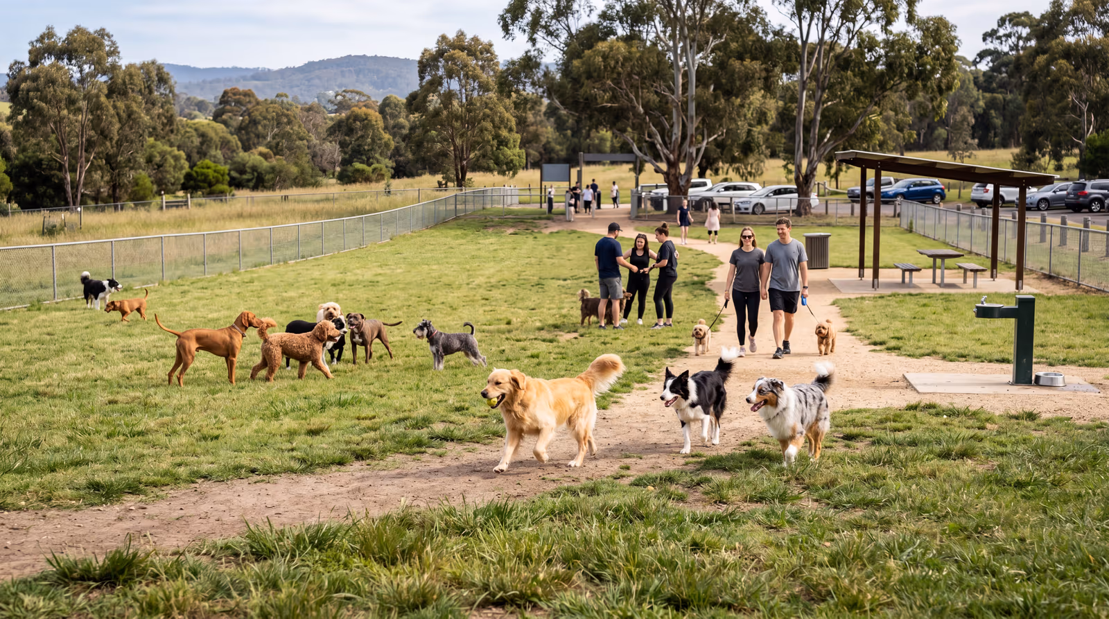 Dogs playing at a waterfront off-leash dog park in Seattle