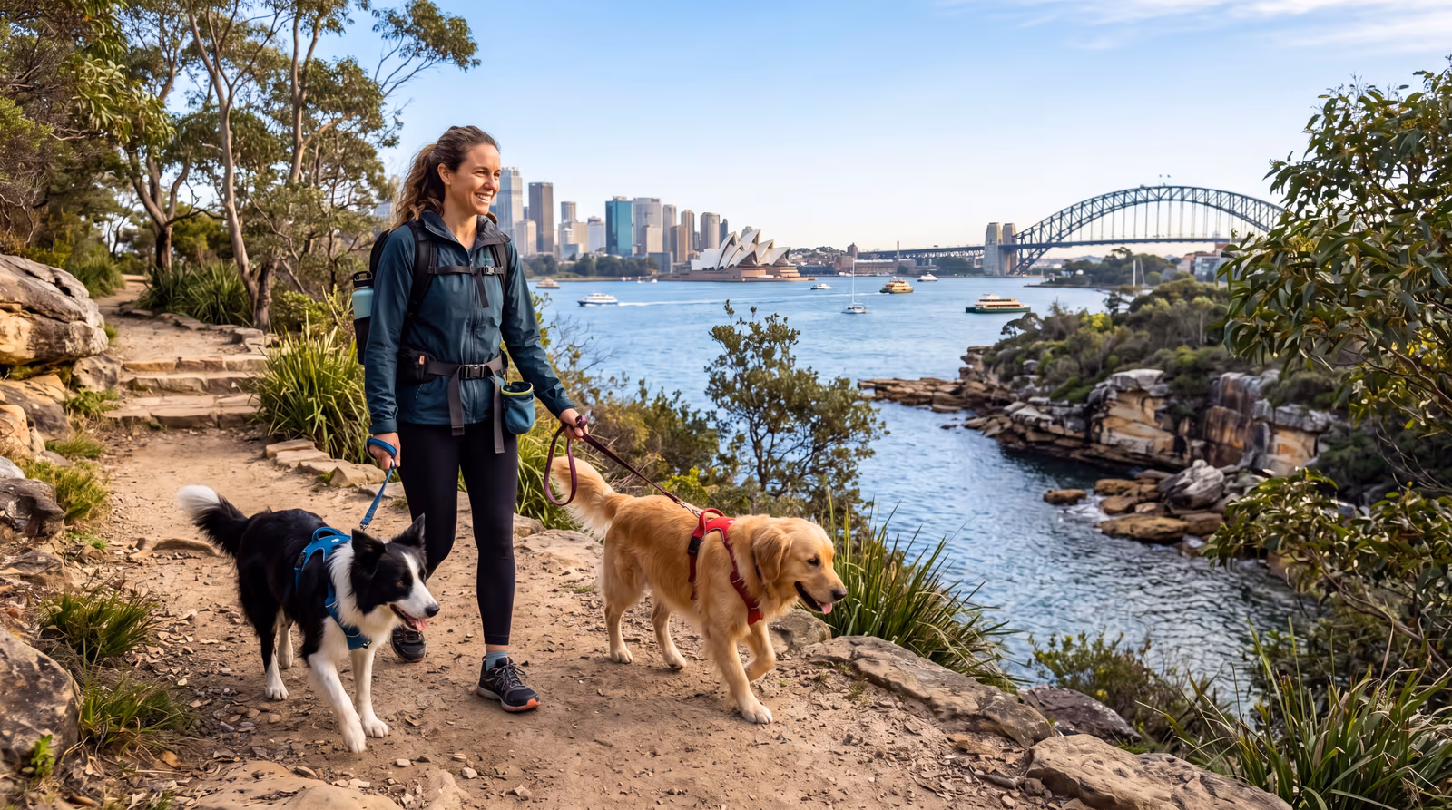 Owner walking a dog along a New York City waterfront greenway