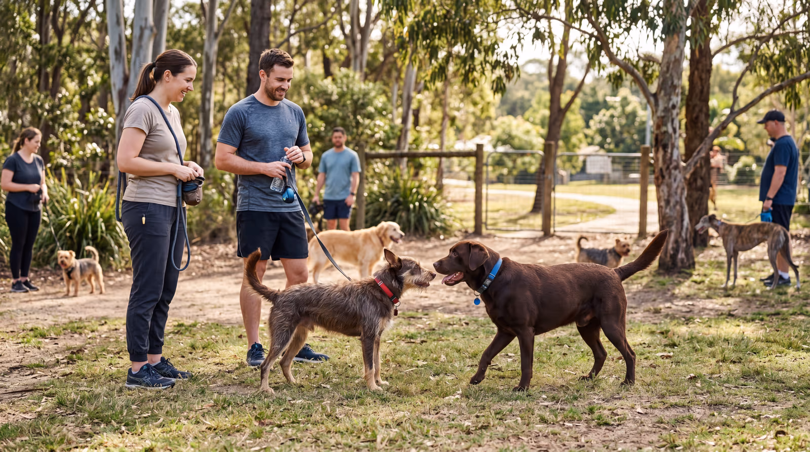 Two dogs greeting nose-to-nose while their owners supervise at an off-leash park