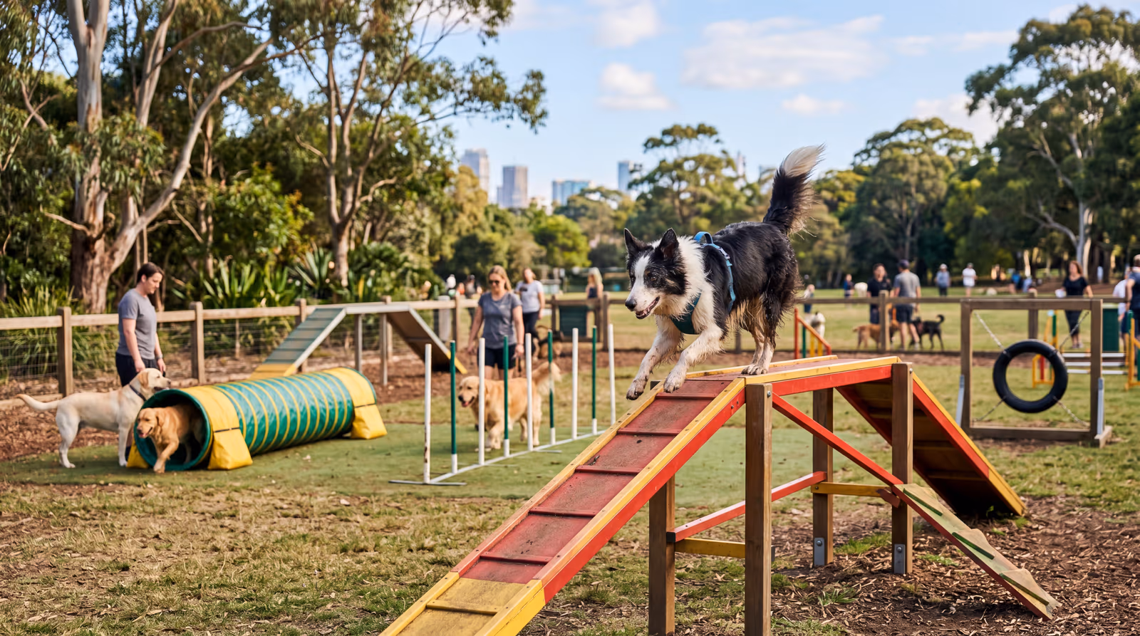 Border collie crossing the A-frame ramp at a dog park agility course