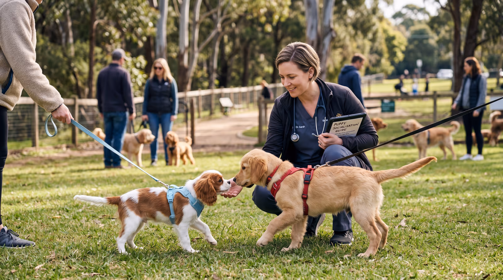 Two puppies meeting on leash under supervision at a puppy social session