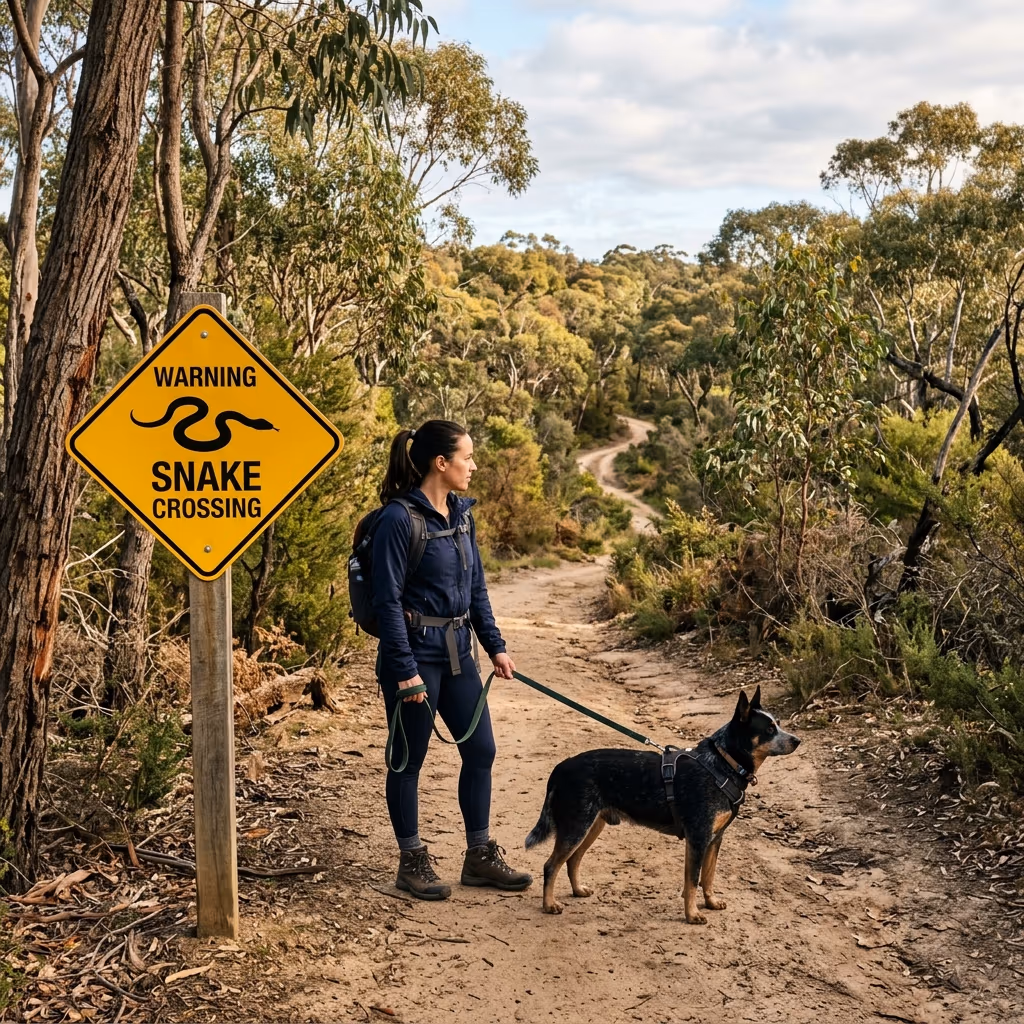 Walker and cattle dog beside a rattlesnake warning sign on a desert trail